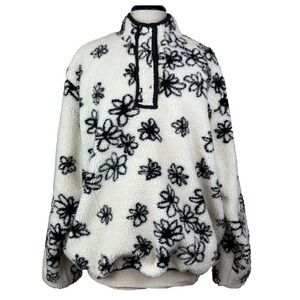 Parke Jacket Womens L/XL White Black Floral Sherpa Fleece Lined Snap Pockets